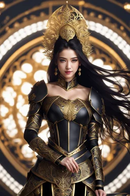 Realistic photography,front_view, (1Queen, looking at viewer), black long hair,traditional dress ornaments mechanical_armor, intricate armor, delicate golden filigree, intricate filigree, black metalic parts, detailed part, dynamic pose, abstrac background, dynamic lighting