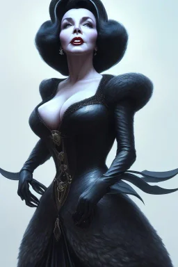 Joan Collins as evil queen in black leather, leather, busty, cleavage, angry, stern look. character design by cory loftis, fenghua zhong, ryohei hase, ismail inceoglu and ruan jia. unreal engine 5, artistic lighting, highly detailed, photorealistic, fantasy