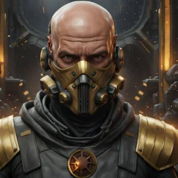 star wars bald male corellian pilot wearing pearlescent black and gunmetal grey First Order special forces heavy assault stealth commando armor and helmet with gold trim inside the jedi temple, hyperdetailed, dynamic lighting, hyperdetailed background, 8k resolution, volumetric lighting, light skin, fully symmetric details