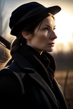 primer plano de mujer cazadora con sobretodo de color negro, fondo de paisaje rural, estrellado, atmosfera de suspenso