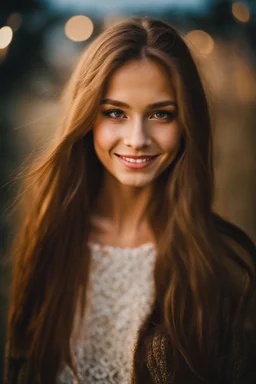 portrait of a 17 year girl with long light brown hair and hazel eyes, slim body and a happy expression