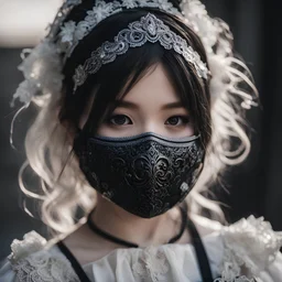 a close up of a person wearing a mask, art station award winner, killstar, portrait young girl, by Lin Liang, victorian lace, character from mortal kombat, child hybrid, interconnected, detailled portrait, surgical mask covering mouth, lily frank, shot with Sony Alpha a9 Il and Sony FE 200-600mm f/5.6-6.3 G OSS lens, natural ligh, hyper realistic photograph, ultra detailed -ar 1:1 —q 2 -s 750)