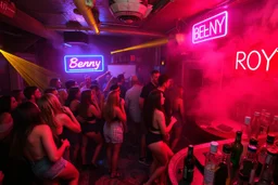 dans golv på en nedsliten sunkig techno club, många personer som dansar, yppiga kvinnor, mycket scen rök i lokalen, och gula röda strobes, en del personer ser in i kameran och skriker: "Benny!" och en Neon Skylt med texten "DJ ROY" på väggen, DJ Roy skriker rätt in i kameran, öppen mun, mycket flaskor och glas i baren