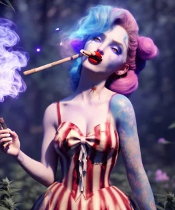 Ultra realistic wonderland photo, happy blonde woman smoking a shisha, blue dress, big purple-cat friend, circus dress style, old school tattoo, smoke, marijuana garden, glow eyes, perfect iris, soft color, highly detailed, unreal engine 5, cinematic, ultra detail, volumetric lighting, high definition.