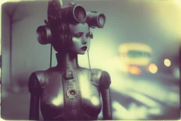 steampunk, vintage analog polaroid of a woman robot, female body, fog, lomography, heavy film grain, night, color bleed, depth of field, bokeh, retro
