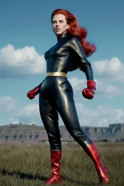 retro portrait image from 1960, sky background, wind, long red hair, fighting stance, sweet young Scarlett Johansson, black dress, classic long tight lycra black suit, gold bracelet and belt, high heel boots, superhero style, soft color, highly detailed, unreal engine 5, ray tracing, RTX, lumen lighting, ultra detail, volumetric lighting, 3d, finely drawn, high definition, high resolution.