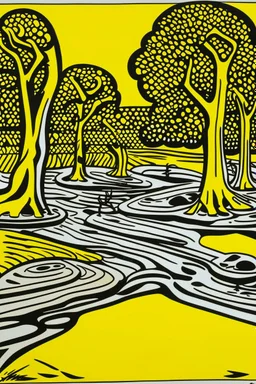 A yellowish orange colored swamp with amphibians painted by Roy Lichtenstein