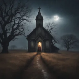 Hyper Realistic Haunted Chapel between a Field & dry old tree at rainy night with a headless man