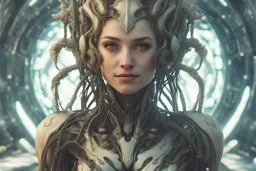 beautiful cyborg elf smiling face, neural network, journey into the healing power of nature, photorealistic, perfect composition, cinematic shot, intricate details, hyper detail