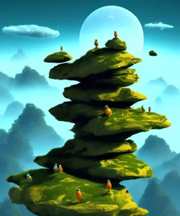 Giant rocks stacked on top of each other with tiny people looking up at them, psychedelic birds roaming