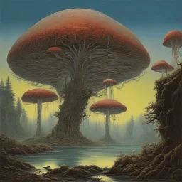 looking out over a lake, in an alien forest, flying mushrooms with jellyfish tenacles formed into gnarled trunks, Roger Dean