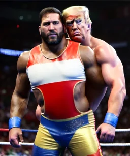 Realistic image of Donald trump wrestler, Mexican wrestling, tribal glow makeup, red and blue breeches, suspenders, retro style, 80s, red, gold, vibrant color, highly detailed, clean background, concept art, unreal engine 5, god rays, ray tracing, RTX, lumen lighting, ultra detail, volumetric lighting, 3d, finely drawn, high definition, high resolution.