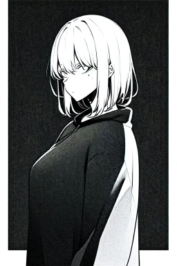 thoughtful girl in a loose sweatshirt, line arts, greyscale, deathnote style