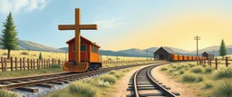 cross old western railway track, childrens book illustration