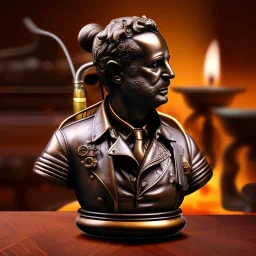 bronze bust of ghostbuster, ancient, magic,on dark wooden piano with drinking glass,compass,brilliance, candle, gold coins strewn