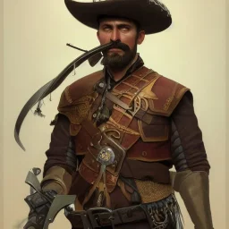 portrait,"Insanely detailed photograph of a eye patch male western mustachioed crossbowman", detailed charro and Sombrero, digital painting, cigar, artstation, concept art, sharp focus, illustration, art by artgerm and greg rutkowski and alphonse mucha, 8 k,fantasy, unreal engine