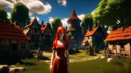 A photorealistic image of a red-haired, slender, witchy woman standing in a village common with neat-mown grass, surrounded by many thatched cottages and shops, under a large tree. Sunny day.