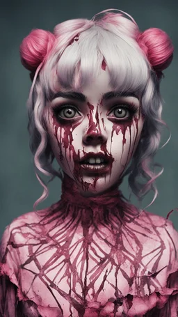 full color, illustration of a darkred and pink tones, menacing, Singer Melanie Martinez face, as a decayed, broken, skin turned translucent, black veins that extended like roots beneath her skin, latex suit, crude homemade cloth doll toy, with a narrow cracked porcelain face, thick dark eyebrows, hair in two gradually, made from ragged strips of cloth, in the style of Alex Pardee, Tim Burton, and Nadya Sheremet