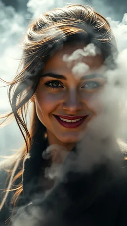 A beautiful eyes of a woman’s smiling? Turbulent winds of steam swirl around the louds lit by shafts of sunlight that cast dramatic shadows on the A beautiful woman High quality 16k cinematic scene and great photography