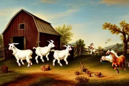 Goats jumping on a farm with a barn in rococo style