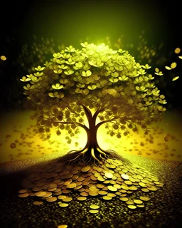 Financial Growth Blossom A lush, thriving money tree planted on fertile soil, roots reaching deep into the earth, bathed in golden, sunlight-dappled hues. Coins and bills glisten like fruits amidst the leaves. A thriving forest of similar trees in the backdrop adds to the sense of abundance. The atmosphere is vibrant, teeming with life, and radiates optimism.
