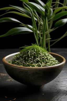 یک گیاه کوچک که یک طرفش برگ چای دارد و یک طرفش خوشه برنج