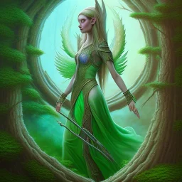 water color and spray painting fantasy art, portrait elven angel with green clothes standing in portal to wet forest world from desert world with camels,poetry book illustration