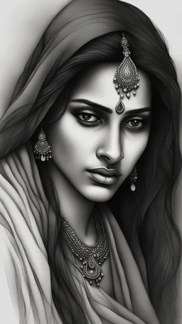 A melancholic yet enchanting Indian woman, her teary eyes holding a hint of sorrow beneath their beauty. In a stunning pencil drawing, her flowing hair cascades around her delicate features, capturing a moment of profound reflection. The shading and detail in this exquisite piece evoke a sense of depth and emotion, elevating it beyond a mere sketch. Rich textures and masterful use of light and shadow create a compelling portrait that is both heartbreaking and captivating.