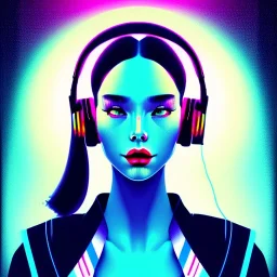 close-up of a female face with headphones in retro colors, synthwave style, 2d, digital vector art