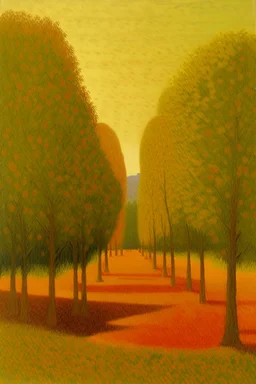 An orange colored forest with olive trees painted by Georges Seurat