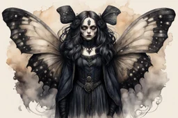 Jean-Baptiste Monge style 19th century hand drawn full body portrait dark gothic fantasy illustration of a walking hybrid Hercules moth goth girl, with highly detailed facial features with large sad eyes, drawings, 8k, vibrant natural colors, otherworldly and fantastic, ink wash and watercolor