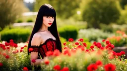 High resolution sharply focused closeup of a beautiful and slender caucasian 17 year old girl with long glossy black hair and straight cut bangs She is wearing a red lace corset. She is in a flower garden. She is gazing demurely at the viewer.