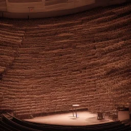 a single chair on stage under spotlight at an empty symphony hall