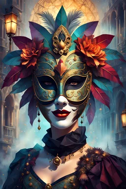 Generate an illustration of a festive carnival venetian antique mask over a low poly vibrant female, ultra detailed 32k , the joyful atmosphere over a misty Venice landmark, steampunk , dark oil antique painting, dark mood, nigh time