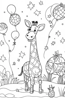 HAPPY NEW YEAR colouring page for kids,Giraffe reaches for starlit balloons, thick outline, low details, no shading, no colour