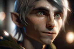 Detailed close-up photo-realistic portrait of a handsome elf teen, cropped image showing left side of face, boyish features, staring above the camera, long thick silver hair, luminous eyes, flawless skin, freckled cheeks, innocent look, awestruck, long eyelashes, contrasting lighting, bokeh in background,