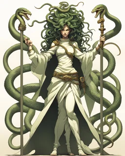 detailed persona, female, sword in hand, gorgon medusa, half turn, full height, leans on one leg, snakes on the head instead of hair