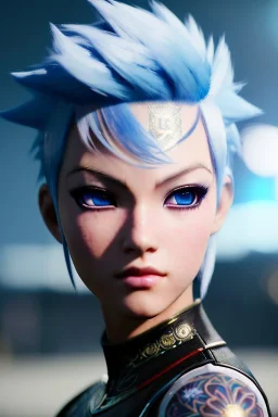 Smirking anime fighter, light blue hair, soft round realistic eyes, facepaint, up portrait, 8k resolution, intricate details, ornate details, soft lighting, vibrant colors, retroanime, masterpiece, realistic details, clear completion, intricate eyeliner, dark eyeshadow, eyes, intricate tattoos, futuristic cityscape background