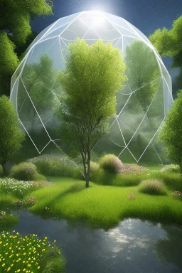 geodesic Dome a facettes transparant ultra réaliste, brouillard, prairie,riviers animé, soleil, ciel étoilé cgi,