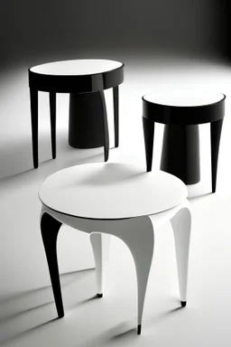 Retrato de tres mesas auxiliares con una sola pata al centro y cubierta ovalada, una en color negro y dos en color blanco estilo contemporáneo