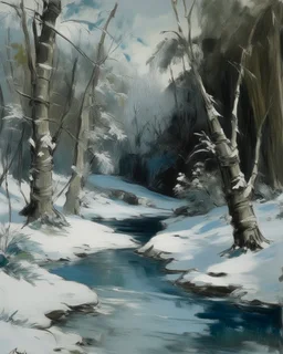 A grayish blue winter forest with a frozen creek designed in Mayan architecture painted by Edouard Manet