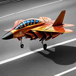 award winning photograph of a house-fly fighter-jet genetic-splice designed by only one vehicle per image painted metallic orange traveling at a high rate of speed, jet intake off of front center of vehicle and jet exhaust out the rear with bright blue flames painted on the hood and front quarter panels, bilaterally symetrical, more a high speed road vehicle