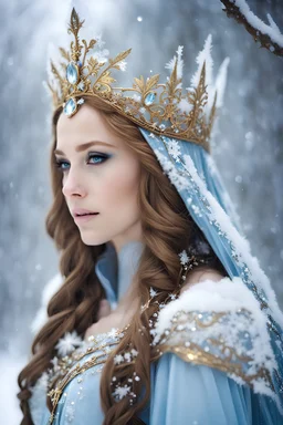 Gorgeous Photography very Beautiful super model Europian as snow princess,brown gold hair,rapunzel hair,very long hair,elven crown, light blue, white, ice, glitter,sparkle,ice flowers,fairy princess, ice fairy,golden armor,ice crystals