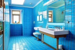 Pictures of bathrooms in a restaurant where the walls and floors are colored in shades of blue and white