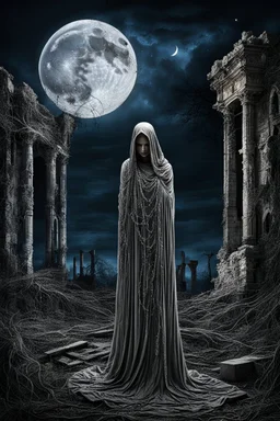 The solitary veiled figure draped in threads of decay standing at the midnight in moonlight next the Ruins, in backgrounde the luminous sinister moon, detailed, crepy stunning