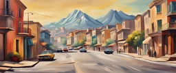 1970s vintage street, professional photography, colorful, city with hill in background, realistic painting