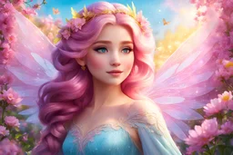 big fairy wings. As the day light sky casts its dreamy gaze upon Elsa, amidst the vibrant blossoms of spring, her pink hair right locks shimmer like a golden halo. high purity. highly detailed, digital art, beautiful detailed digital art, colorful, high quality, 4k