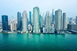 There is a city with a lot of tall buildings. Most of the tall buildings are submerged in ocean. Just a few portions of tall buildings are above the water.