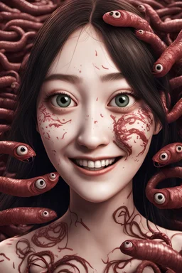 Woman smiling meanwhile many worms streaming from his eyes, Junji Ito style, darkred tones, high detailed, 4k resolution, digital paiting, 3d pixar disney the cinematic FKAA, TXAA, and RTX graphics technology employed for stunning detail.