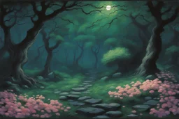 Night, trees, flowers, japanese manga style, horror gothic fantasy spring, rocks, friedrich eckenfelder impressionism paintings